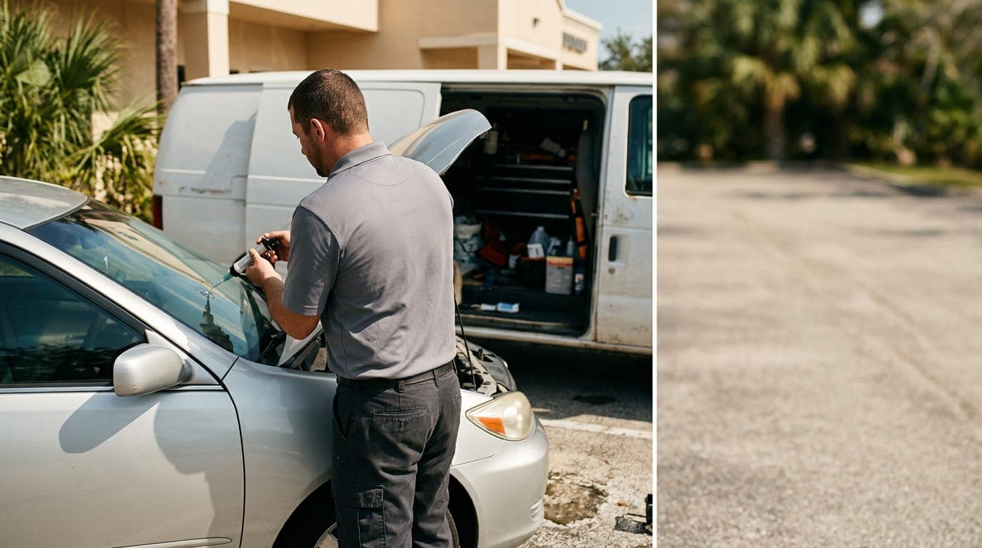 A mobile auto glass repair van parked outside a busy Lake Worth street, ready for a windshield job.